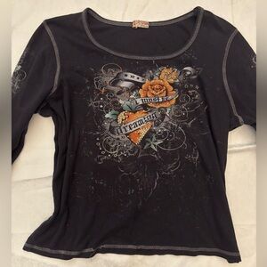 Y2K rose, heart, and rhinestone graphic shirt